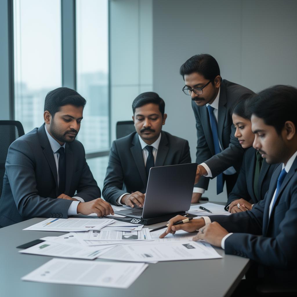 Senior compliance team reviewing corporate filings in a Dhaka office